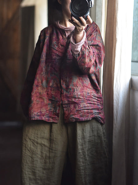 Women Vintage Autumn Flower Button-up Linen Shirt AH1014 BUYKUD