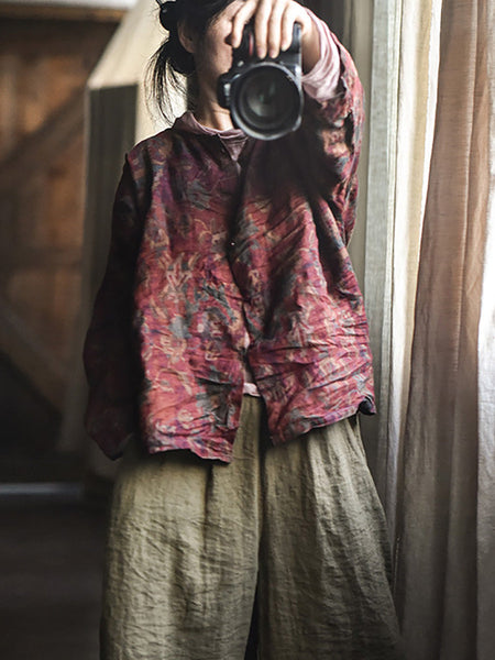 Women Vintage Autumn Flower Button-up Linen Shirt AH1014 BUYKUD