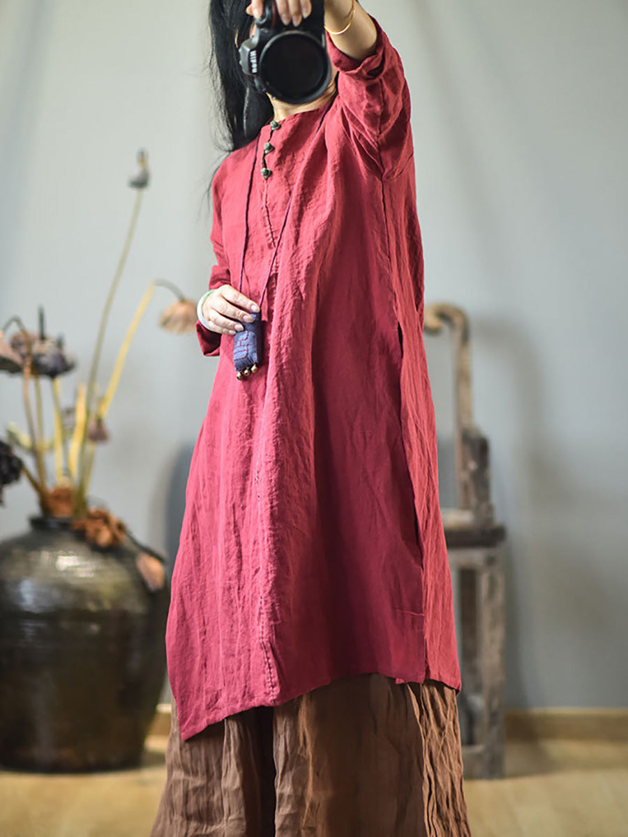 Women Vintage Autumn Solid O-Neck Buckle Linen Dress AH1017 BK