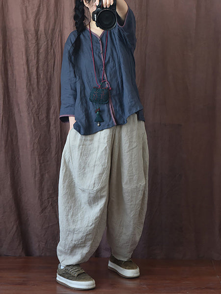 Women Autumn Rero Solid Linen Loos Bloomers AH1052 BUYKUD