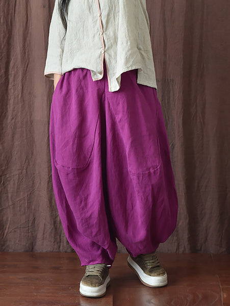 Women Autumn Rero Solid Linen Loos Bloomers AH1052 BUYKUD