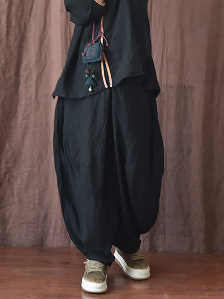 Women Autumn Rero Solid Linen Loos Bloomers AH1052 BUYKUD