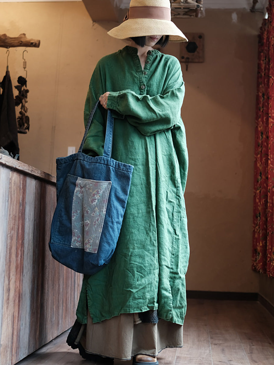 Women Autumn Vintage Green O-Neck Linen Robe Dress AH1005 JSHY