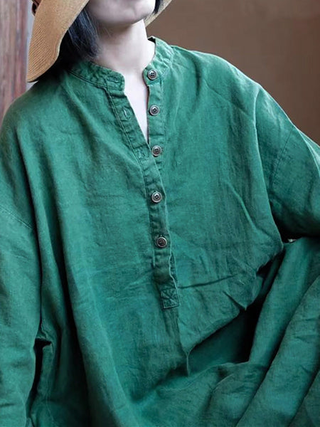 Women Autumn Vintage Green O-Neck Linen Robe Dress AH1005 JSHY