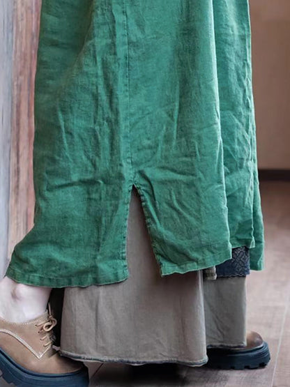 Women Autumn Vintage Green O-Neck Linen Robe Dress AH1005 JSHY