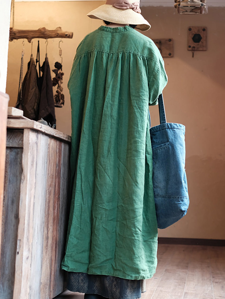 Women Autumn Vintage Green O-Neck Linen Robe Dress AH1005 JSHY