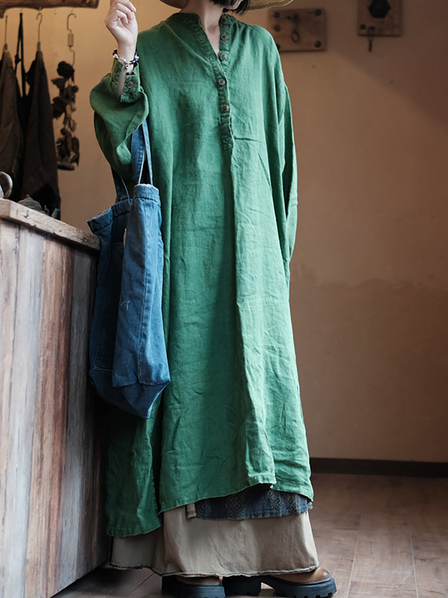 Women Autumn Vintage Green O-Neck Linen Robe Dress AH1005 JSHY