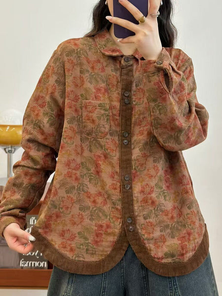 Women Autumn Flower Corduroy Spliced Button-up Shirt AK1013 Genistyle Shop