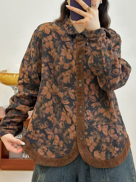 Women Autumn Flower Corduroy Spliced Button-up Shirt AK1013 Genistyle Shop