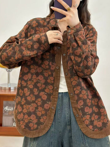 Women Autumn Flower Corduroy Spliced Button-up Shirt AK1013 Genistyle Shop
