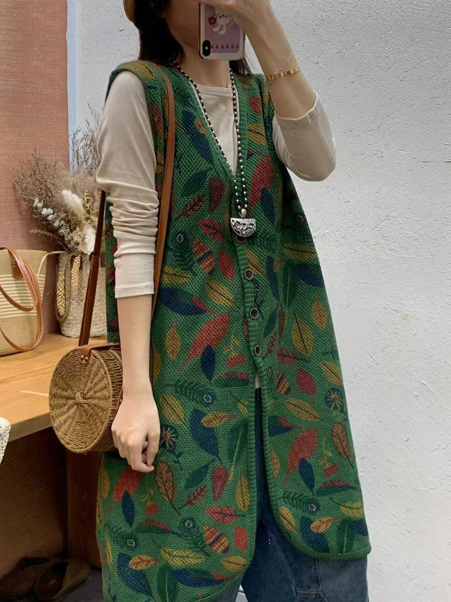 Women Autumn Artsy Leaf Print Knit V-Neck Vest Coat AH1036 BUYKUD