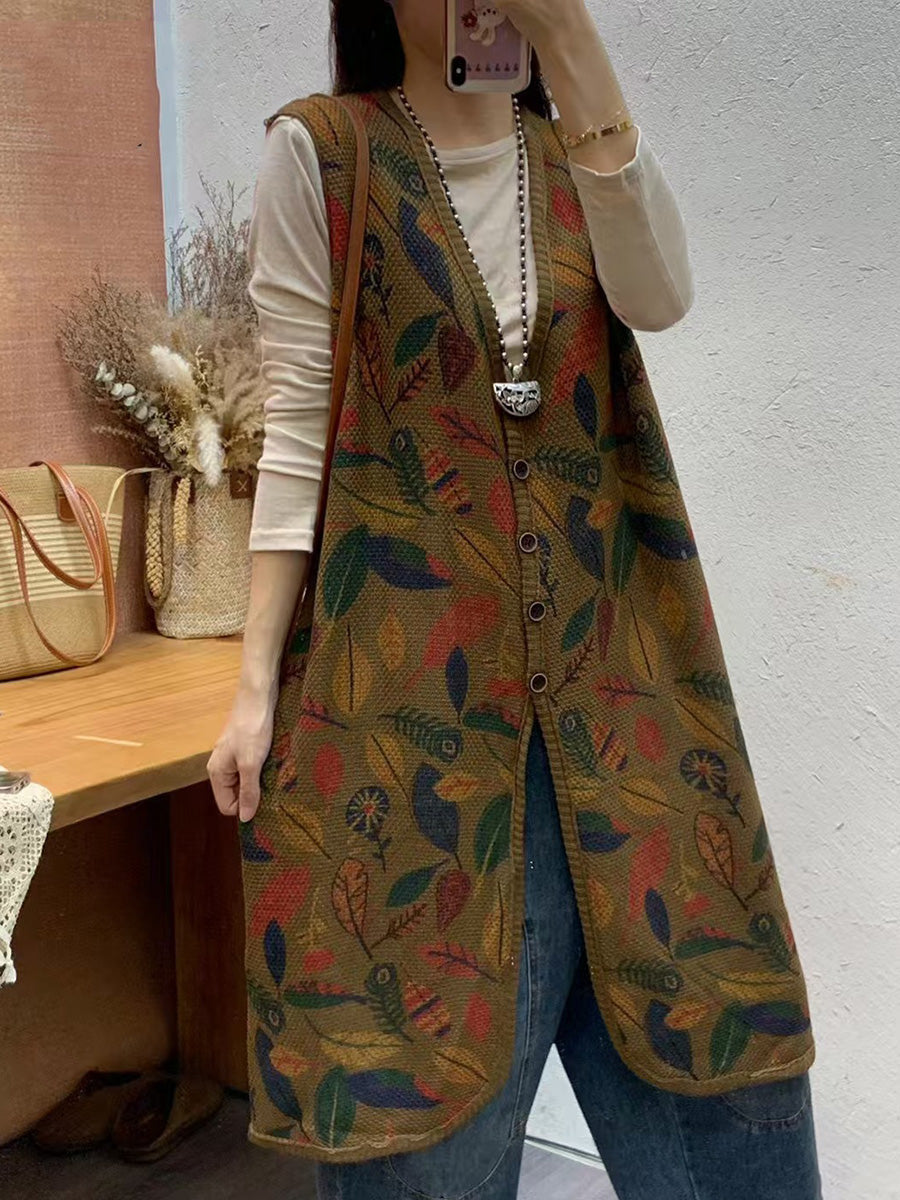 Women Autumn Artsy Leaf Print Knit V-Neck Vest Coat AH1036 BUYKUD