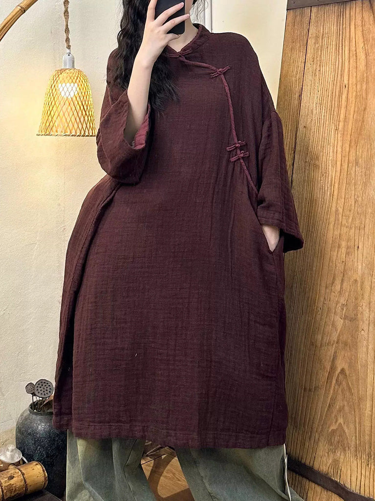 Women Vintage Autumn Solid Linen Cotton Robe Dress AH1016 BK