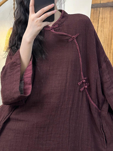 Women Vintage Autumn Solid Linen Cotton Robe Dress AH1016 BK