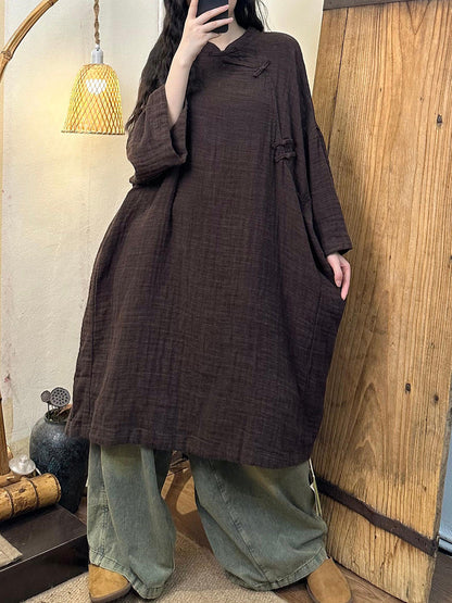 Women Vintage Autumn Solid Linen Cotton Robe Dress AH1016 BK