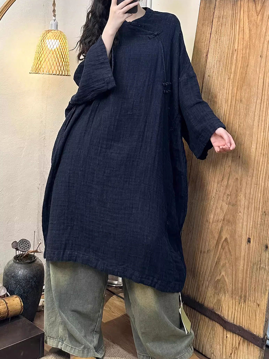 Women Vintage Autumn Solid Linen Cotton Robe Dress AH1016 BK