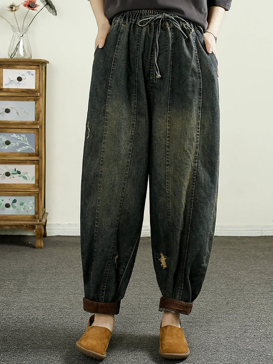 Women Autumn Retro Frayed Denim Spliced Harem Pants AH1055 ZMMM