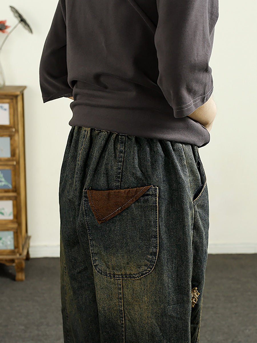 Women Autumn Retro Frayed Denim Spliced Harem Pants AH1055 ZMMM