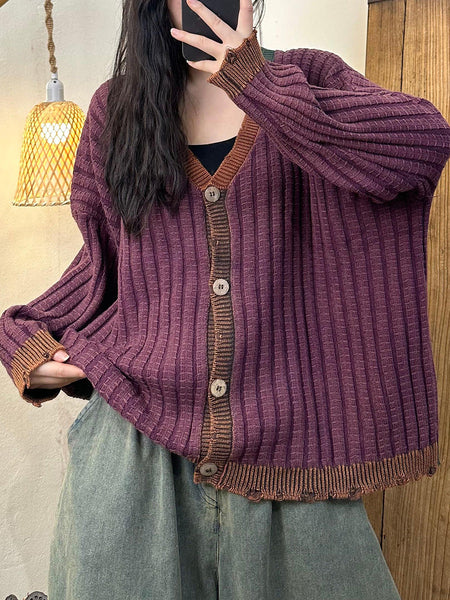 Women Artsy Autumn Colorblock Knit Cardigan Sweater Coat AH1026 HLCP