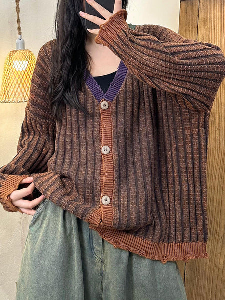 Women Artsy Autumn Colorblock Knit Cardigan Sweater Coat AH1026 HLCP