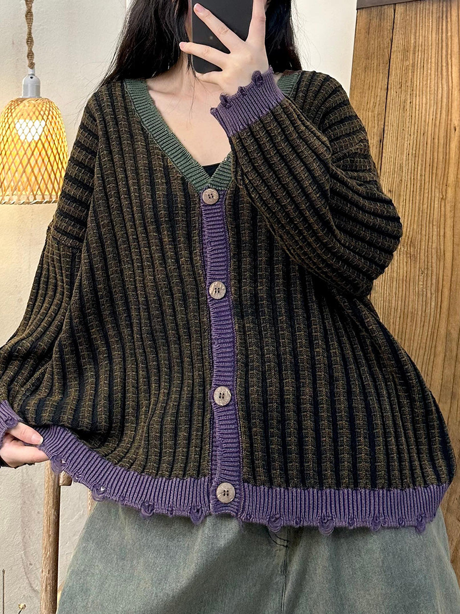 Women Artsy Autumn Colorblock Knit Cardigan Sweater Coat AH1026 HLCP