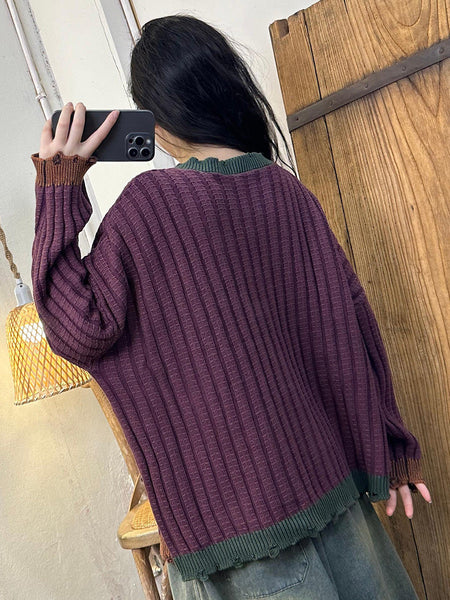 Women Artsy Autumn Colorblock Knit Cardigan Sweater Coat AH1026 HLCP