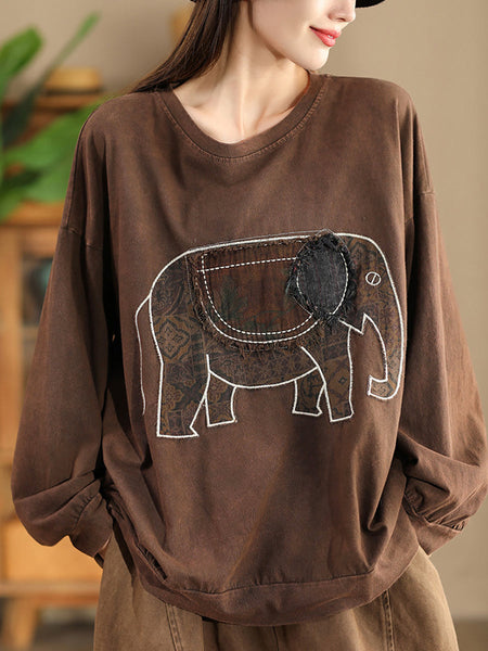 Women Autumn Casual Patch Elephant O-Neck Cotton Sweatshirt AK1017 Genistyle Shop