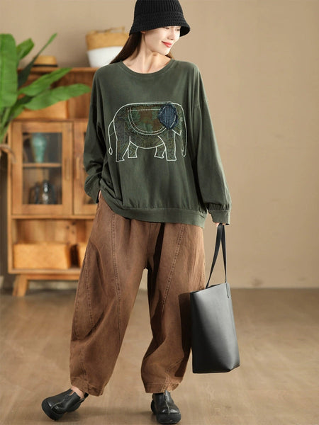 Women Autumn Casual Patch Elephant O-Neck Cotton Sweatshirt AK1017 Genistyle Shop