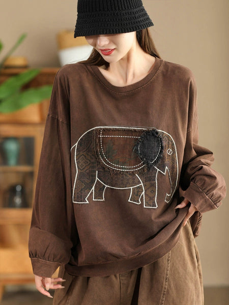 Women Autumn Casual Patch Elephant O-Neck Cotton Sweatshirt AK1017 Genistyle Shop