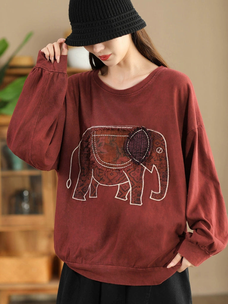 Women Autumn Casual Patch Elephant O-Neck Cotton Sweatshirt AK1017 Genistyle Shop