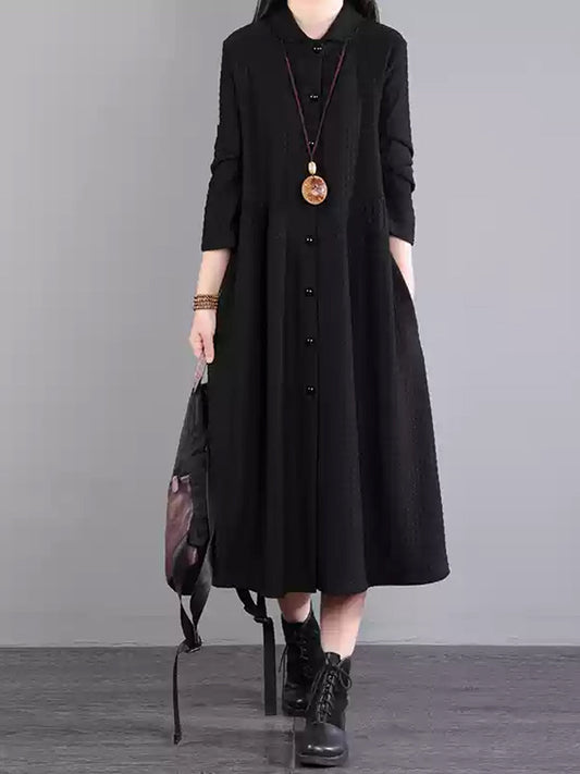 Plus Size Women Autumn Commute Solid Button Loose Dress AK1015 Genistyle Shop