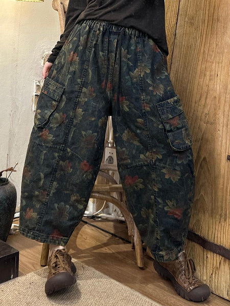 Women Autumn Retro Flower Denim Spliced Harem Pants AK1019 Genistyle Shop