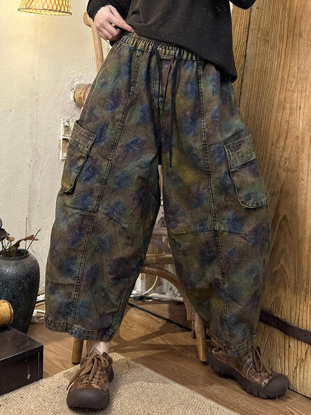 Women Autumn Retro Flower Denim Spliced Harem Pants AK1019 Genistyle Shop