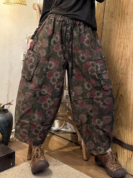 Women Autumn Retro Flower Denim Spliced Harem Pants AK1019 Genistyle Shop
