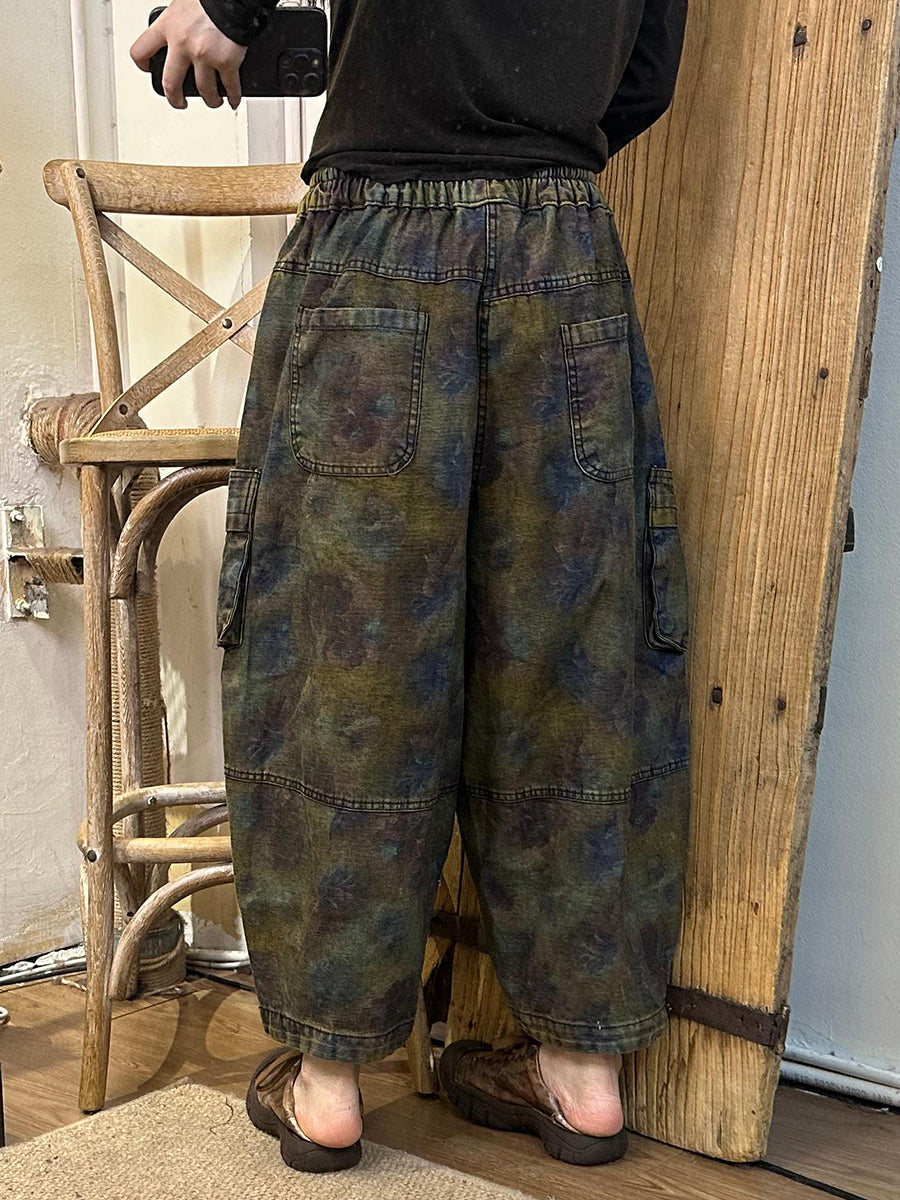 Women Autumn Retro Flower Denim Spliced Harem Pants AK1019 Genistyle Shop