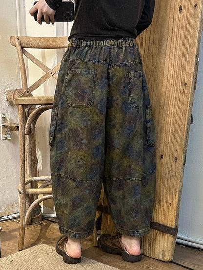 Women Autumn Retro Flower Denim Spliced Harem Pants AK1019 Genistyle Shop