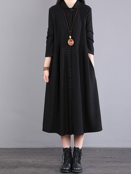 Plus Size Women Autumn Commute Solid Button Loose Dress AK1015 Genistyle Shop