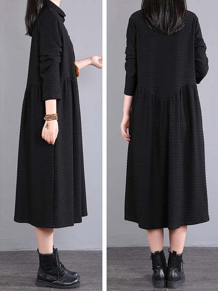 Plus Size Women Autumn Commute Solid Button Loose Dress AK1015 Genistyle Shop