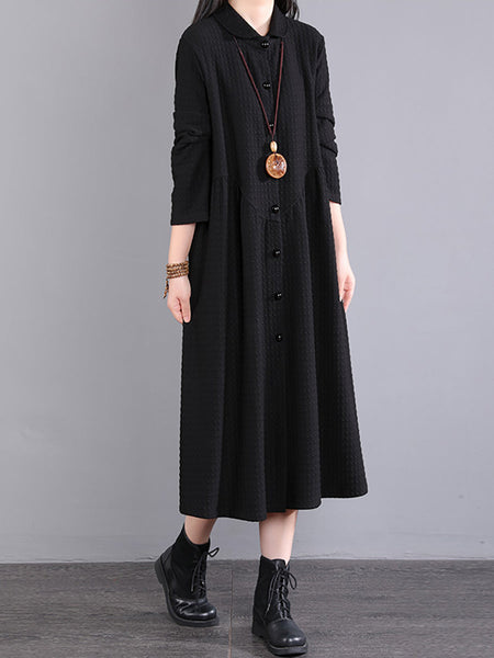 Plus Size Women Autumn Commute Solid Button Loose Dress AK1015 Genistyle Shop