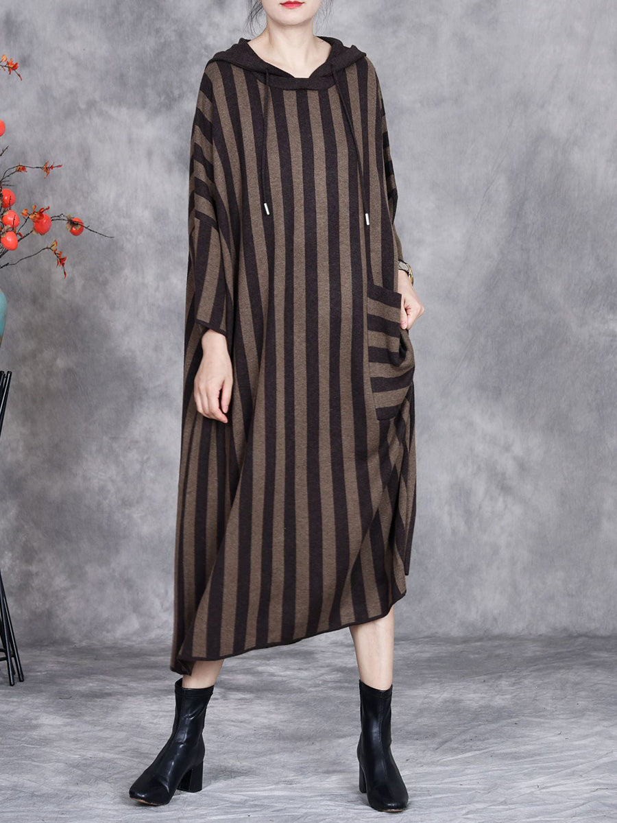 Women Autumn Artsy Stripe Colorblock Hooded Knit Dress AK1027 Genistyle Shop