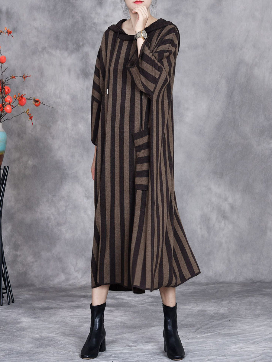 Women Autumn Artsy Stripe Colorblock Hooded Knit Dress AK1027 Genistyle Shop