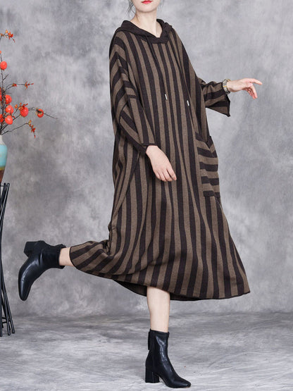 Women Autumn Artsy Stripe Colorblock Hooded Knit Dress AK1027 Genistyle Shop