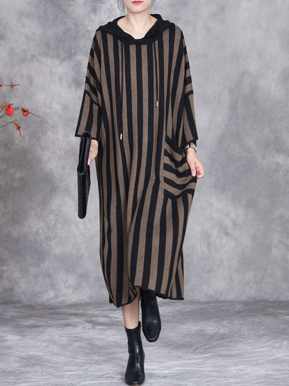 Women Autumn Artsy Stripe Colorblock Hooded Knit Dress AK1027 Genistyle Shop