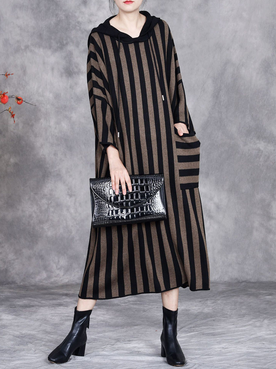 Women Autumn Artsy Stripe Colorblock Hooded Knit Dress AK1027 Genistyle Shop