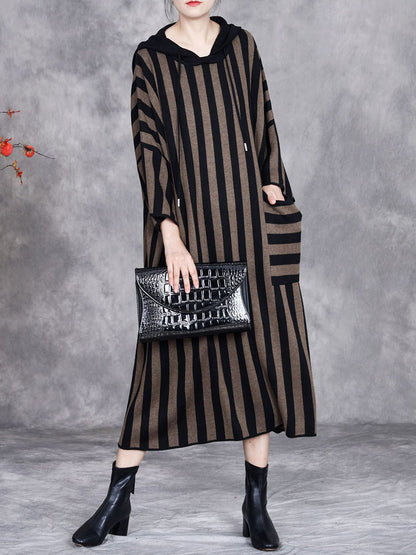 Women Autumn Artsy Stripe Colorblock Hooded Knit Dress AK1027 Genistyle Shop