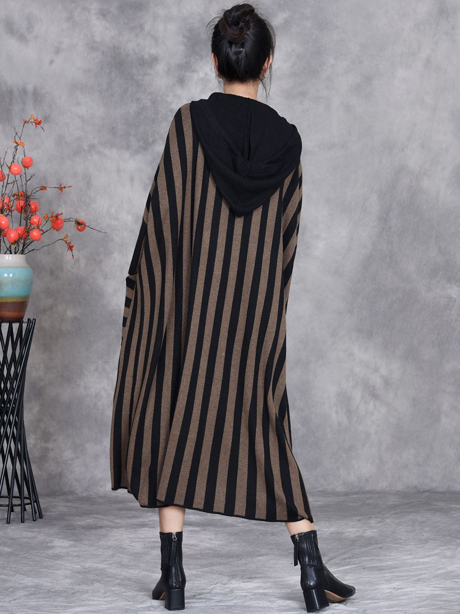 Women Autumn Artsy Stripe Colorblock Hooded Knit Dress AK1027 Genistyle Shop