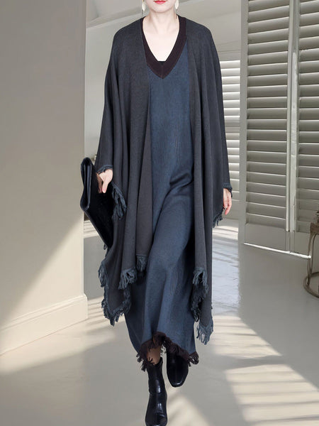 Women Fashion Colorblock Tassel Wool Knit Cardigan Shawl AH1074 ZSLS