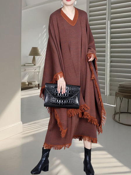 Women Fashion Colorblock Tassel Wool Knit Cardigan Shawl AH1074 ZSLS