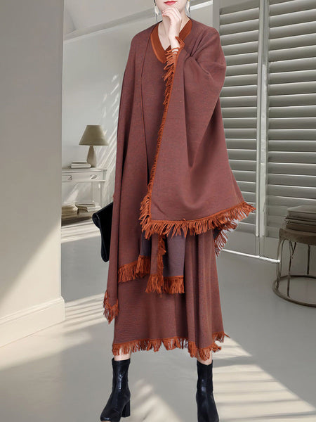 Women Fashion Colorblock Tassel Wool Knit Cardigan Shawl AH1074 ZSLS