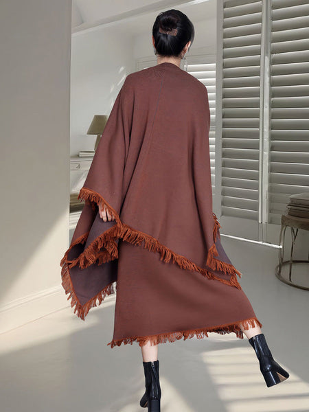 Women Fashion Colorblock Tassel Wool Knit Cardigan Shawl AH1074 ZSLS